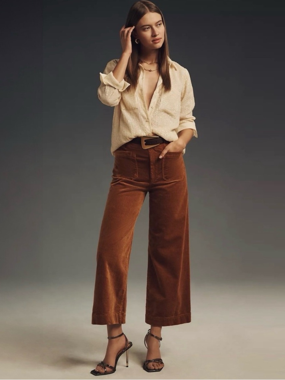 Maeve Anthropologie The Colette Wide Leg Cropped Corduroy Pants 27 Bronze